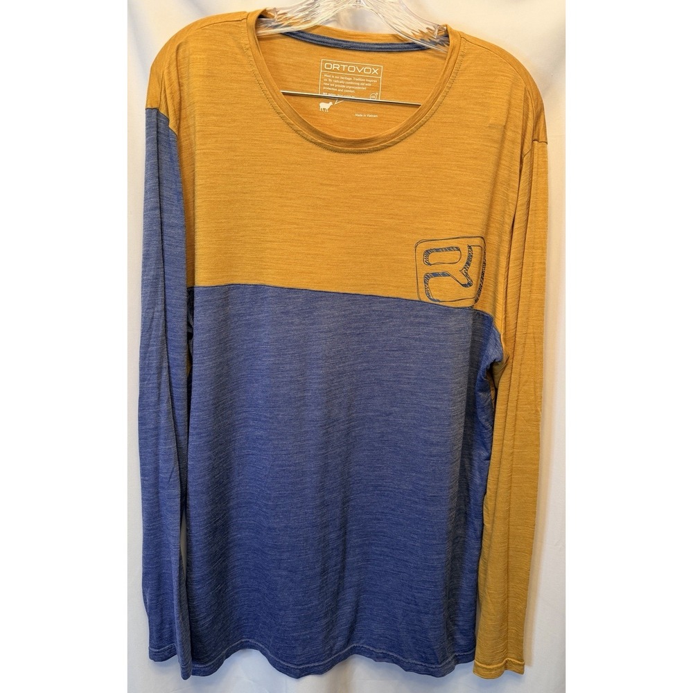 Ortovox Men's 2XL 150 Cool Logo Long Sleeve Shirt Wool Blue Yellow Baselayer